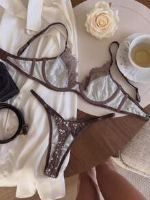 Women's Brown Satin Floral Lace Lingerie Set - Bra & Thong 2-Piece - Brown - View 7