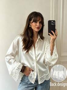 Women's Spring/Autumn Glossy Satin Lace Trim Turn-Down Collar Button-Up Flared Sleeve Asymmetrical Hem Cinched Waist Long Sleeve Blouse - White - View 3