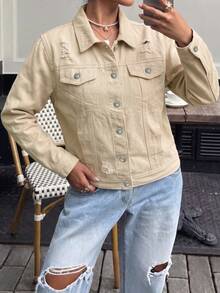 Women's Vintage Washed Denim Shacket, Distressed Detail Design, Short Long Sleeve Shirt Collar Jacket, Autumn Fashion Choice Casual - Khaki - View 6