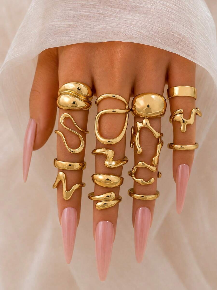 15pcs/Set Exaggerated Metal Asymmetrical Line Water Drop Smooth Rings, Unisex, Punk Retro Bohemian Style Fashion Jewelry Gift - Yellow Gold - View 1
