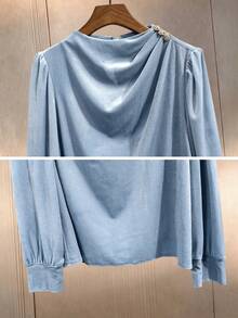 Women's Autumn/Winter Daily Commute Solid Color Velvet Material Small Stand Collar Pleated Design Long Sleeve Blouse - Baby Blue - View 4