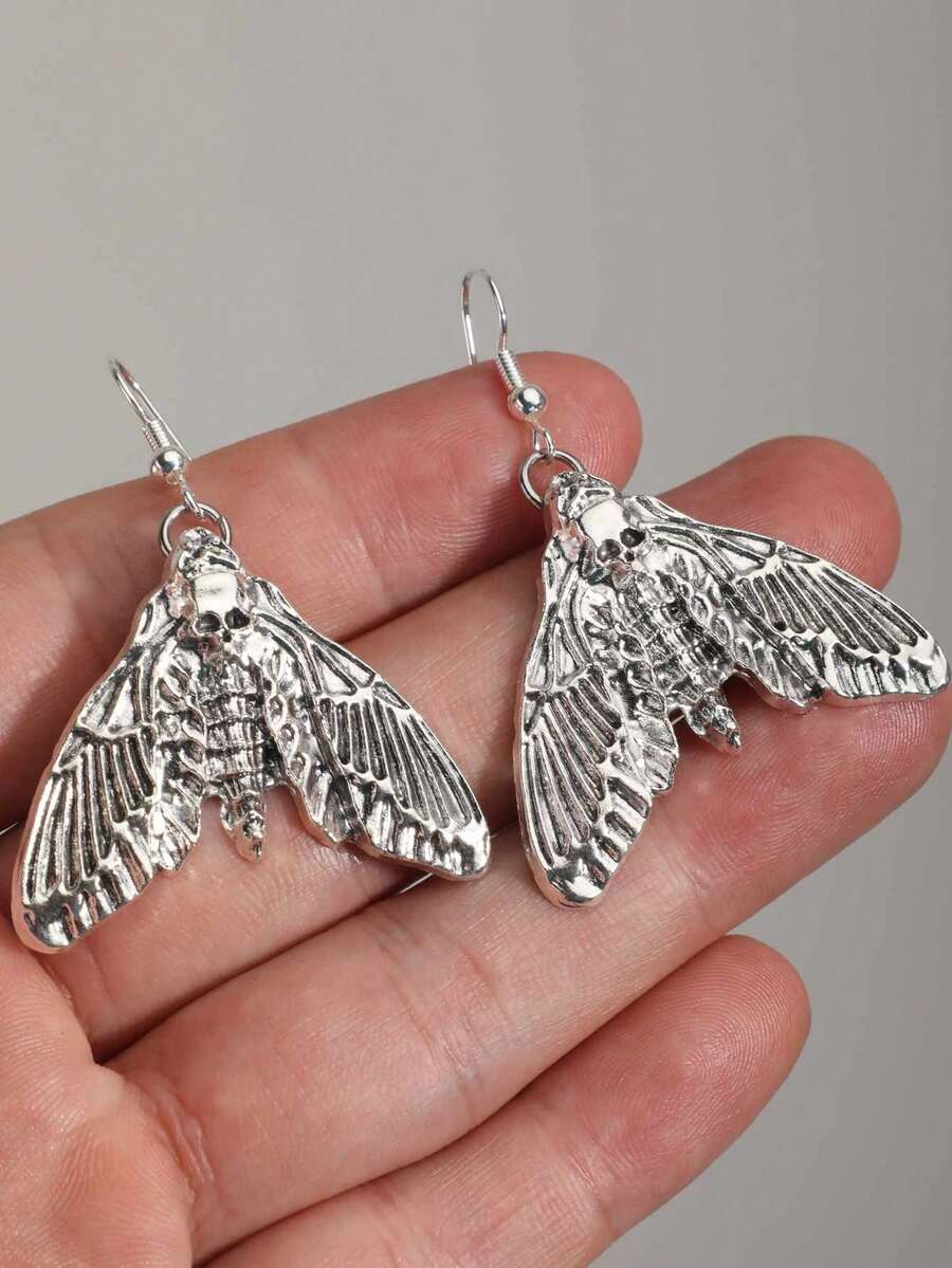 Vintage Gothic Skull Moth Earrings, Personalized Hip-Hop Party Halloween Earrings - Silver - View 1