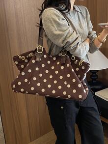 Dedoo 女款波點圖案人造皮革托特包，可調節肩帶設計，大容量，復古風格，適合日常購物、通勤、旅行 - 咖啡 - 查看 4