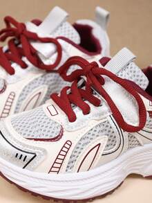 1 Pair Grey Mesh Breathable Chunky Sneakers Campus Sneakers Red Colorblock Patchwork Fabric Front Lace-Up Hook And Loop Casual Sports Shoes Spring Summer Autumn New 2026 - Red - View 8