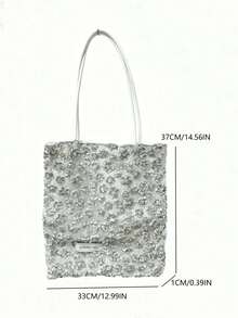 Dedoo Korean Style Sequin Pink Silver Glitter Ins Style Large Capacity Velvet Patchwork Tote Bag, Commuter Casual Shopping Shoulder Lazy Handbag - Silver - View 9