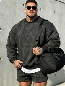 Men's Solid Color Drop Shoulder Long Sleeve Drawstring Pocket Casual Sweatshirt, Autumn/Winter, Back To School Season - Black - View 2