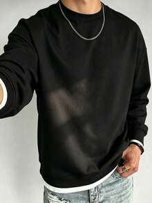 Men's Faux Two-Piece Long Sleeve T-Shirt, Layered Casual Top - Black - View 2