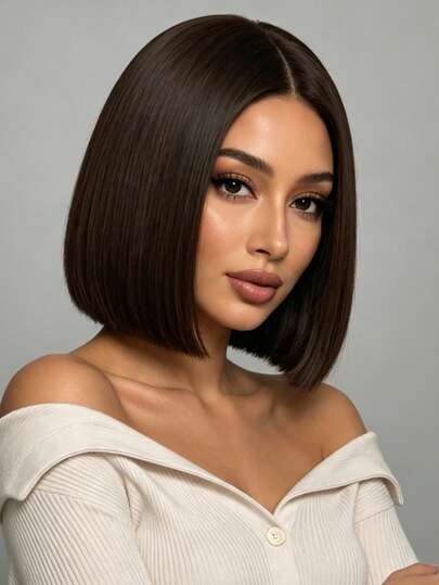 12 Inch Brown Middle Part Women's Wig, Elegant Fashion Party Wig, Natural Voluminous Comfortable To Wear, Suitable For Daily And Party Occasions