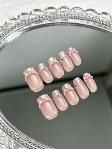 10pcs Square Short Wearable Nails, 3D Bow Pearl Rhinestone French Sweet Style, Perfect Fit Acrylic False Nails - Multicolor - View 3