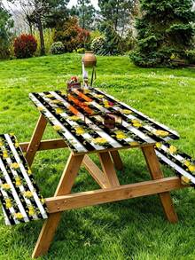 3 PiecesPicnic Tablecloth Set With Bench Cover, Elastic Edge Design, Line And Floral Pattern, Fresh Style, Washable Rectangular Tablecloth, Suitable For Wedding, Camping, Picnic, Garden Party And More, Practical Essential - B - View 3
