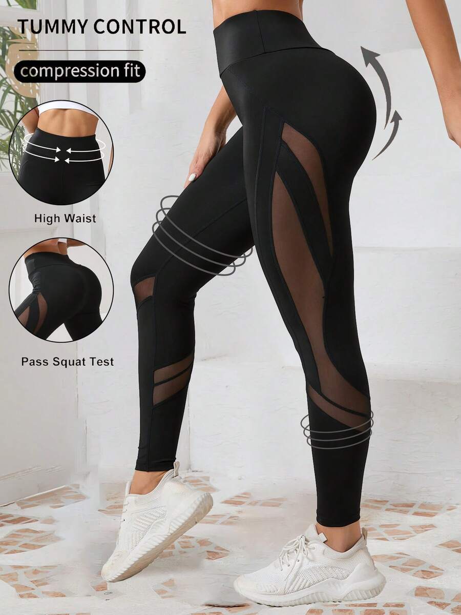 1PC Women's Mesh Patchwork Yoga Leggings, High Waist Slimming Fashion Fitness Workout Tight Pants - Black - View 1