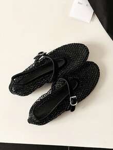 Women's Square Toe Mesh Rhinestone Slip-On Flat Mary Jane Ballet Shoes Crystal Grid Party Wedding Summer Sandals - Black - View 11