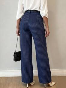 Women's Striped Pocket Casual Versatile Minimalist All-Season Commute Office Loose Straight Leg Pants - Navy Blue - View 2