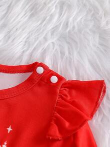 Newborn Baby Girl Autumn/Winter Christmas Holiday Style Santa Claus Print Round Neck Ruffle Long Sleeve Dress + Red Headband 2pcs Set, Suitable For Christmas Holiday Outfit - Redwood - View 6