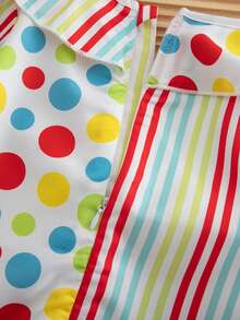 1pc Baby Girl Holiday Long Sleeve Peter Pan Collar Striped Polka Dot Print Jumpsuit Thin Spring Autumn With Hat - Multicolor - View 9