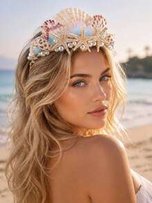 KOVLYNE 1pc Mermaid Shell & Starfish Crown Headpiece, Women's Pearl Beach Bridal Tiara, Suitable For Wedding, Festival, Cosplay & Photography - White - View 1