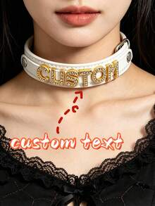 Halloween White PU Leather Customized Gold Letters Choker Collar Men Women Chocker Collar Role Age Play Goth Cosplay Christmas Party Accessories, Punk - Multicolor - View 1