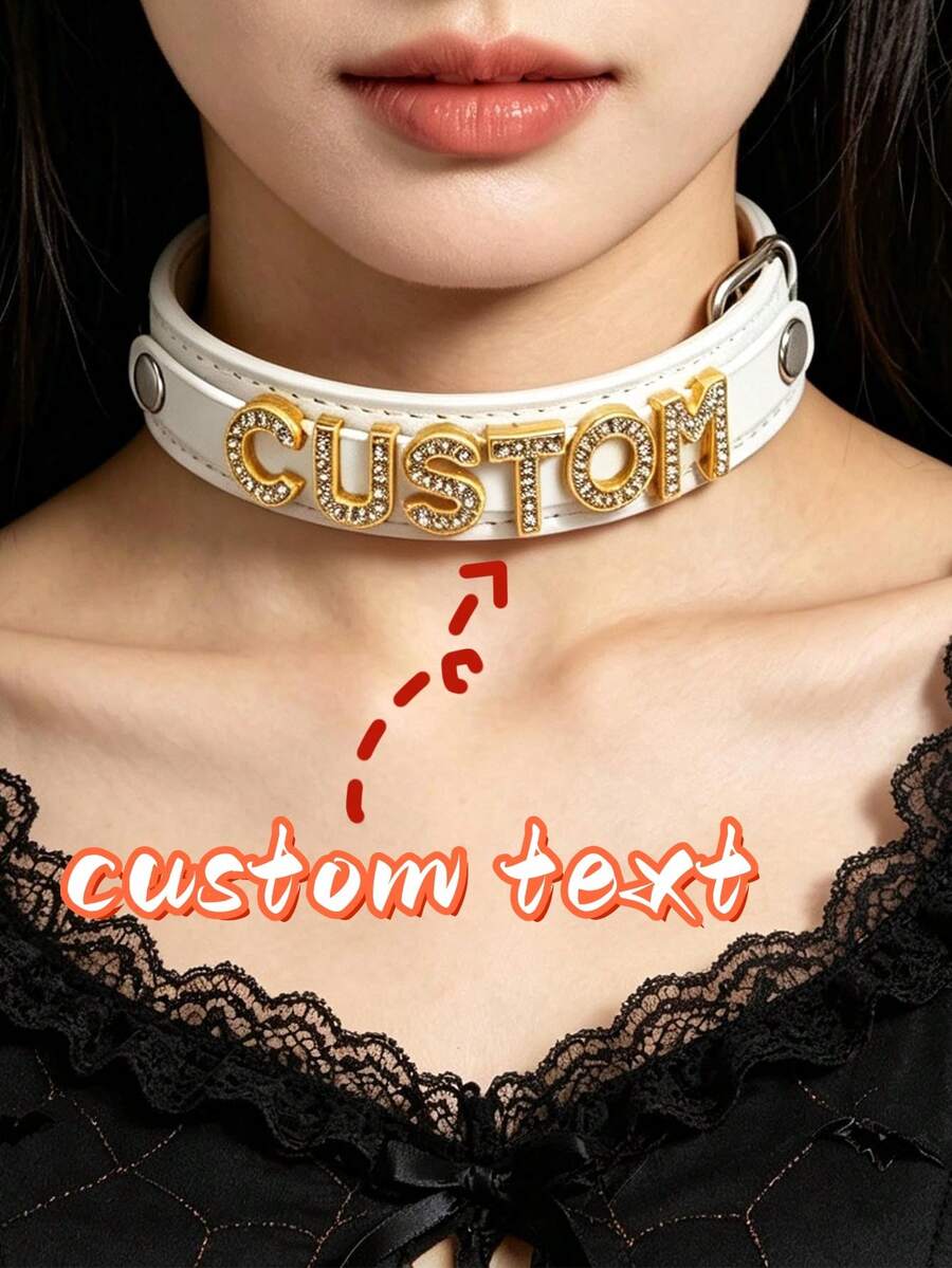 Halloween White PU Leather Customized Gold Letters Choker Collar Men Women Chocker Collar Role Age Play Goth Cosplay Christmas Party Accessories, Punk - Multicolor - View 1