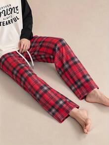 Men's Summer Plaid Casual Versatile Daily Travel Home Wear Long Pants - Red - View 1
