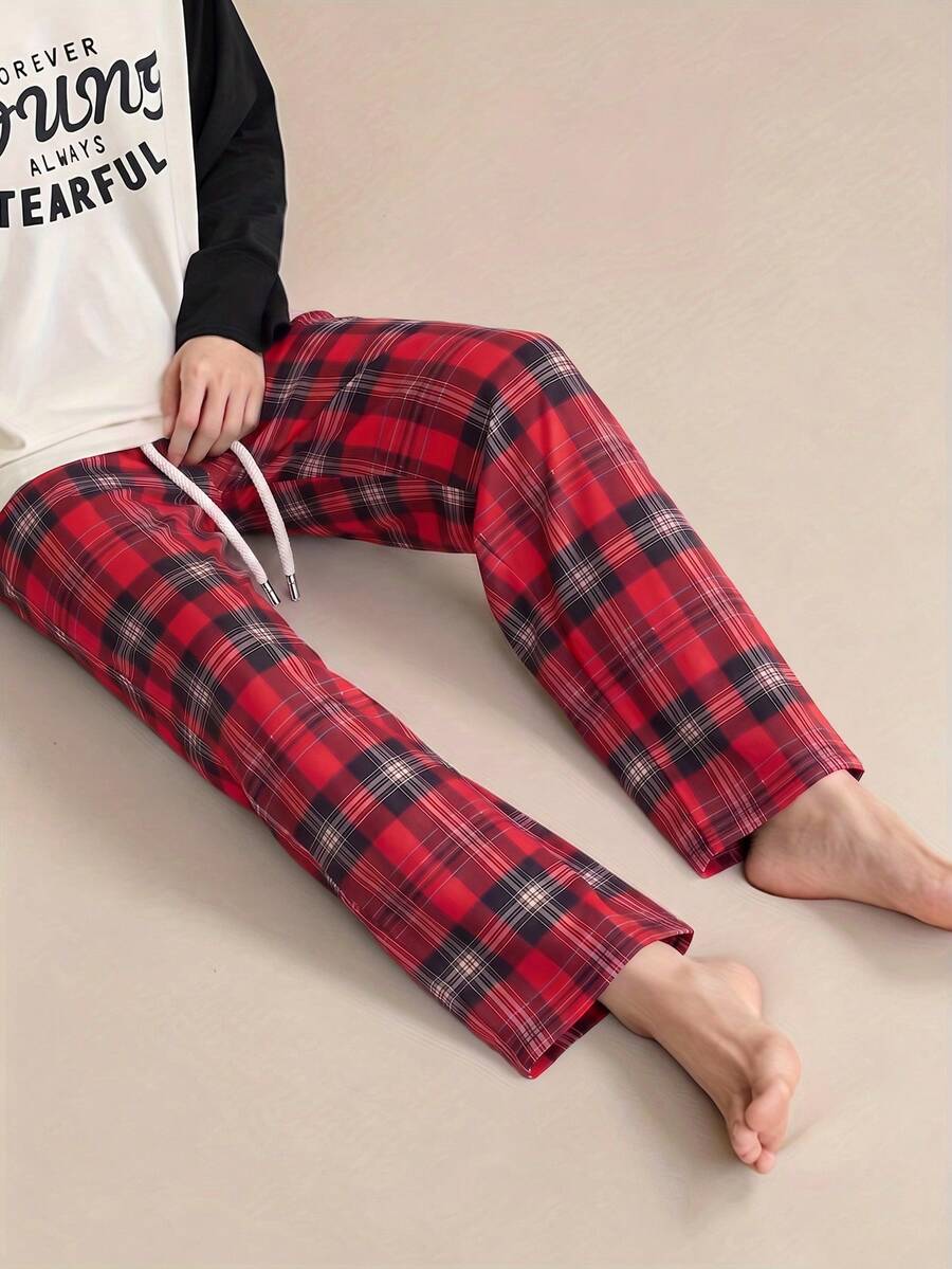 Men's Summer Plaid Casual Versatile Daily Travel Home Wear Long Pants - Red - View 1