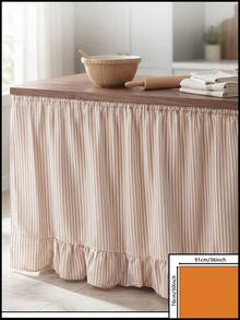 1pc Olive Green & White Fine Striped Table Skirt, Natural Fresh Style Fabric Material, Rectangular Bottom With Ruffle Edge And Pleated Details, Storage Concealment And Decorative Beautification Function, Suitable For Shelf Cover And Pastoral Home Decor - Apricot - View 12