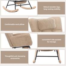 Flieks Rocking Chair With Adjustable Footrest, Headrest, Fabric Rocking Chair With Wooden Legs,Comfortable Lounge Armchair With Side Pockets And High Backrest, Brown, Reading Chair For Nursery, Living Room - Natural - View 7