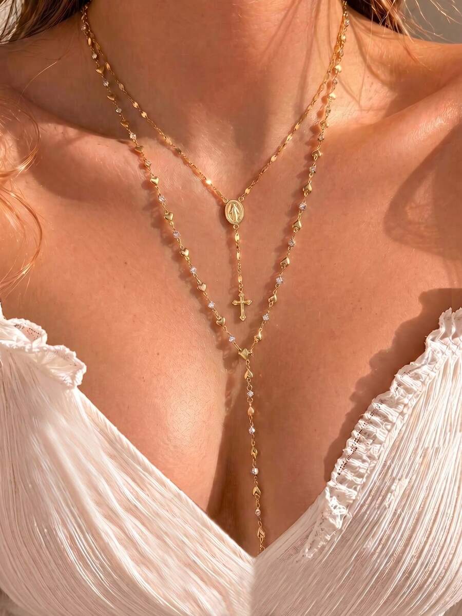 Women's Layered Exquisite Necklace Set, Vintage Coin Pendant Y-Chain, Delicate French Jewelry - Gold - View 1