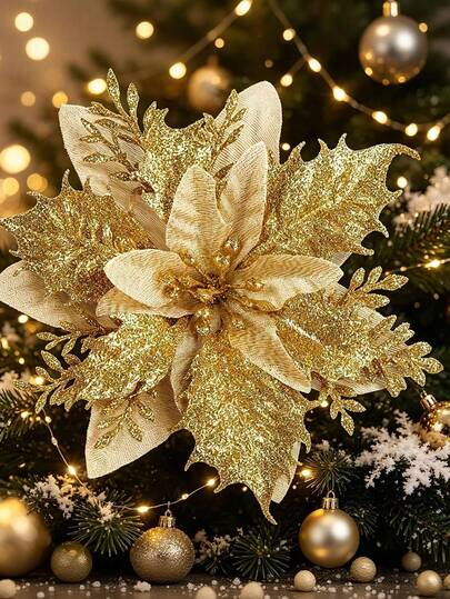 30pcs/15pcs/3pcs Artificial Golden Poinsettia Flowers, Gold & Silver Christmas Decorative Flowers (With Clips And Stems), Suitable For Christmas Party And Christmas Tree Decoration, DIY Wreath Decoration, Atmosphere Decoration, Opening Ceremony Decoration