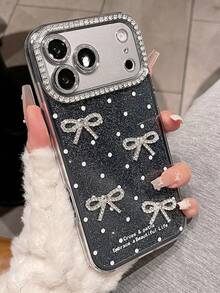 Glitter Polka Dot Sequins Phone Case Compatible With IPhone 18ProMax 18Pro 17Air 16 15 14 13 12 11 Pro Max 16 15 14 Plus 16Promax 15Promax Lovely Solid Color Summer Candy Color Back Cover - Black + Bow - View 3