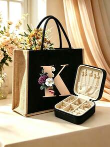 2 Stücke/Set Buchstabendruck Tragetasche, vielseitige tragbare bedruckte Handtasche, Leinenmaterial Blumenbuchstaben Handtasche, Geschenk für Frauen, Abschlussgeschenk, Vintage Leinen Tragetasche, geeignet für Hochzeit, Geburtstag, Strand, Urlaub und andere Anlässe; perfektes Geschenk für Frauen, Mutter, Lehrerin, Freundin, Brautjungfer; Tasche mit großer Kapazität, geeignet für Studenten und Schulanfang - Verschiedenfarbig - Übersicht 2