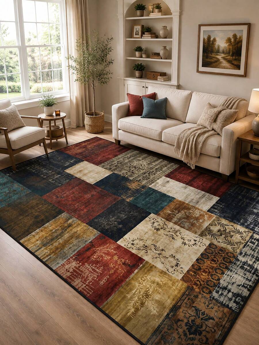 1pc Geometric Modern Living Room Area Rug, Washable Patchwork Indoor Printed Polyester Fiber Rectangular Easy Care Water-Washable Home Rug, Suitable For Living Room, Hallway, Bedside, Living Area, Bedroom, Office, Kitchen, Farmhouse Home Decor - Multicolor - View 1