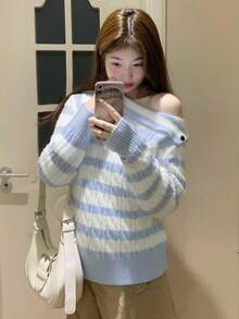 Striped Asymmetric Collar Button Long Sleeve Sweater - Blue - View 1