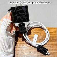 4pcs 2D Flat Design Black Asymmetrical Leopard Pattern Phone Charger Protective Set Black Charger Head Cover + Cable Protector + Storage Rope Compatible With IPhone 20W Charger, Compatible With IPhone 20W/18W Charger - Multicolor - View 3