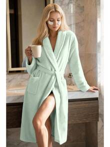 Bathrobe Soft Touch Contain Cotton Bathrobe For Women & Men - Made In Turkey, Lightweight, Absorbent, Comfortable Bath Robe - Mint Green - View 2