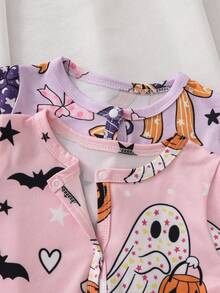Autumn And Winter Newborn Bow Pumpkin, Skull, Spider Web Printed Long Sleeved Jumpsuit Pajamas Set, Soft And Comfortable Fabric, Halloween Home Style - Multicolor - View 5