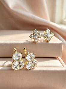 4pcs/Set Luxury Elegant Copper Inlaid Zirconia Geometric Petal Round Ear Studs, Sophisticated Women's Earrings For Party, Date, Gift - Multicolor - View 4
