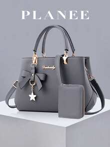 Women's Solid Color Handbag & Card Holder Set 2pcs/Set, PU Material With Bow Pendant Design, Suitable For Daily Casual, Shopping, Business Commute, School Backpack Combination, Lightweight, White-Collar Office Workers, College Students, Office - Grey - View 1