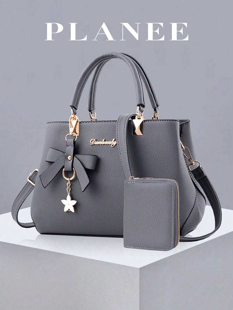 Women's Solid Color Handbag & Card Holder Set 2pcs/Set, PU Material With Bow Pendant Design, Suitable For Daily Casual, Shopping, Business Commute, School Backpack Combination, Lightweight, White-Collar Office Workers, College Students, Office - Grey - View 1