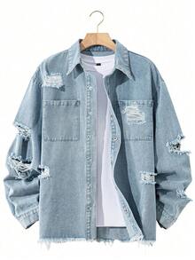 Jaket Denim Sobek Bergaya Distressed untuk Pria dengan Saku dan Kancing Jepret, Atasan Streetwear Kasual Serbaguna untuk Musim Semi dan Gugur - Light Wash - View 2