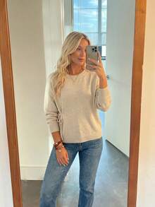 Plus Size Women's Solid Color Textured Side Tie Waist Long Sleeve Round Neck Loose Drop Shoulder Knit Sweater, Oatmeal Color, Soft Casual Style Fall - Apricot - View 1