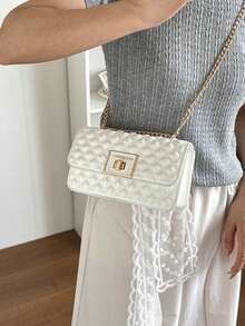 New Fashion Chain Quilted Women's Handbag, Small Square Crossbody Shoulder Bag 2026 - White - View 5