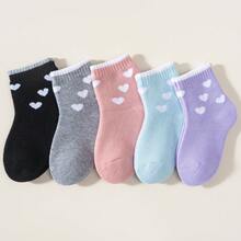 5 أزواج جوارب بنات أطفال، جوارب طاقم من التيري بنقشة قلب جاكار، سميكة ودافئة بألوان ماكارون متعددة، حافة مرنة للعودة إلى المدرسة والزي الموحد في الخريف والشتاء - متعدد الألوان - مشاهدة 14