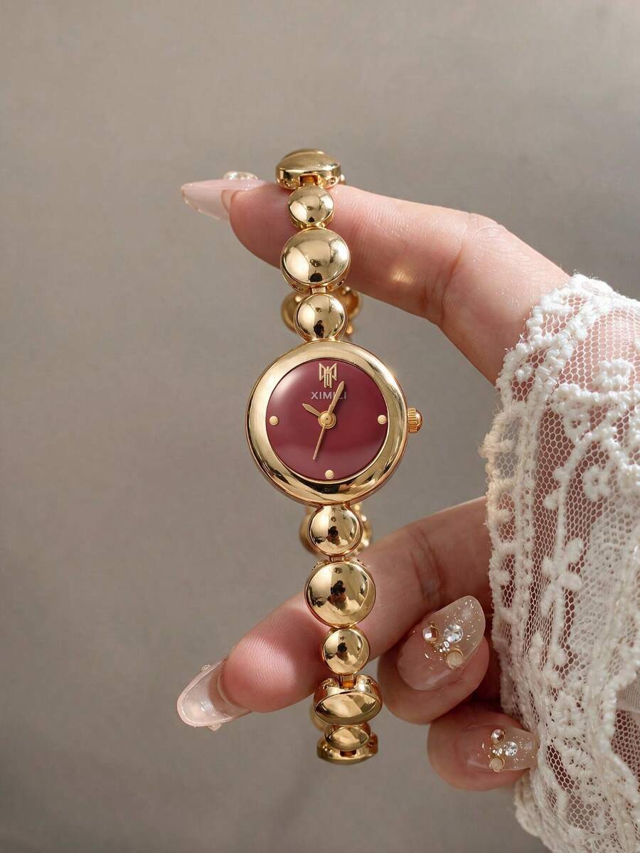 LIANDU Elegant Round Quartz Women's Wristwatch, Gold-Tone Burgundy Dial With Beaded Metal Strap, Luxurious Exquisite Women's Jewelry Watch, Suitable For Wearing On Various Occasions Such As Holidays, Thanksgiving, Christmas, Back To School, Parties, Weddings, Halloween, Easter, And More, Perfect Gift For Women