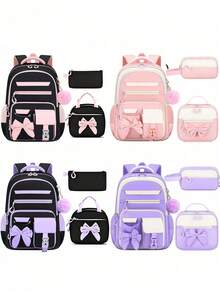 3pcs Contrast Bow Backpack Set With Pom Pom Charm, Multi-Pocket Large Capacity, Suitable For School, Travel And Daily Use - Multicolor - View 8