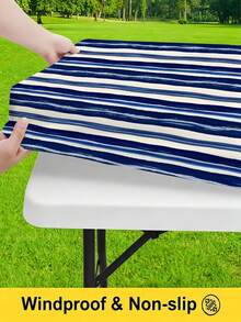3 Pieces Picnic Tablecloth Set With Bench Cover, Elastic Edge Design, Striped Pattern, Washable Rectangular Tablecloth, Suitable For Weddings, Camping, Picnics, Garden Parties And More, Practical Essential - E - View 6