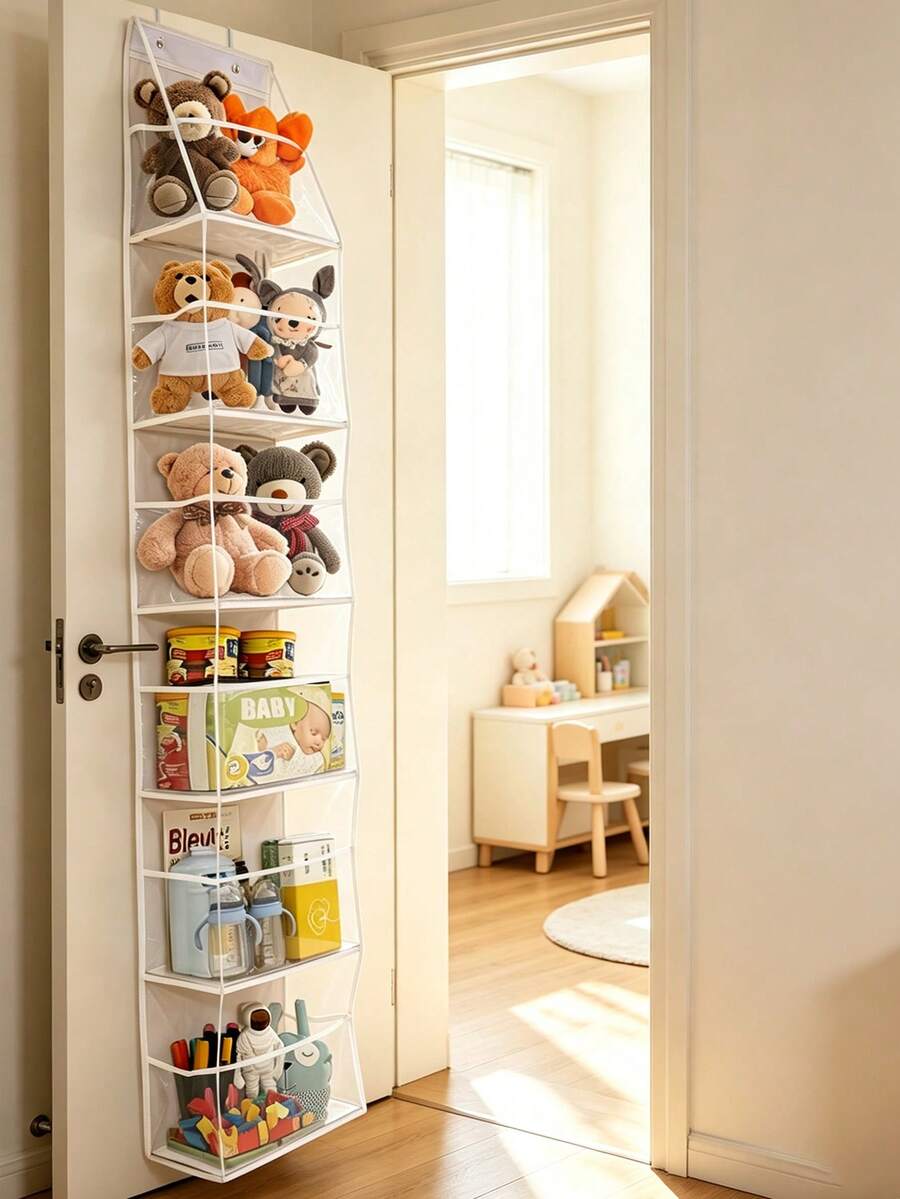 1pc Hanging Storage Bag Hanging Organizer 6-Shelf Room Organizer With Clear Plastic Pockets Behind The Door Storage Organizer For Nursery Storage - White - View 1