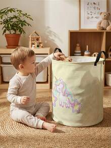 1pc Unicorn Print Large Capacity Foldable Round Storage Basket With Handles, Multi-Purpose Baby Room Storage Bin, Baby Sundries Organizer, Baby Room Storage, Baby Supplies Storage, Diaper Storage, Clothing Storage, Baby Supplies Sundries Storage, Multi-Purpose Storage Box, Foldable Baby Supplies Storage Box - Multicolor - View 6