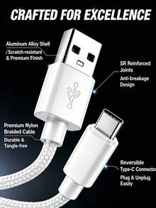 3pcs USB Type C Fast Charging Cable, 3.3ft/6.6ft/9.9ft, USB-A To USB-C Fast Charging Data Cable, Compatible With Android Phones, And Other Android Phones And Type-C Devices, Suitable For Travel/Office Desk Accessories/Car Accessories/Cruise/Indoor/Outdoor, Compatible With IPhone Charger - Gold+Blue+White - View 3