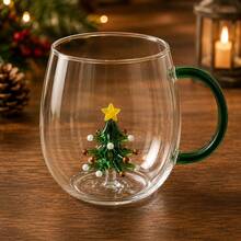 Caneca de Vidro Natalina 400ml com Árvore de Natal 3D com Alça Decorativa para Café, Chá e Presente de Natal - Transparente - Visão 3