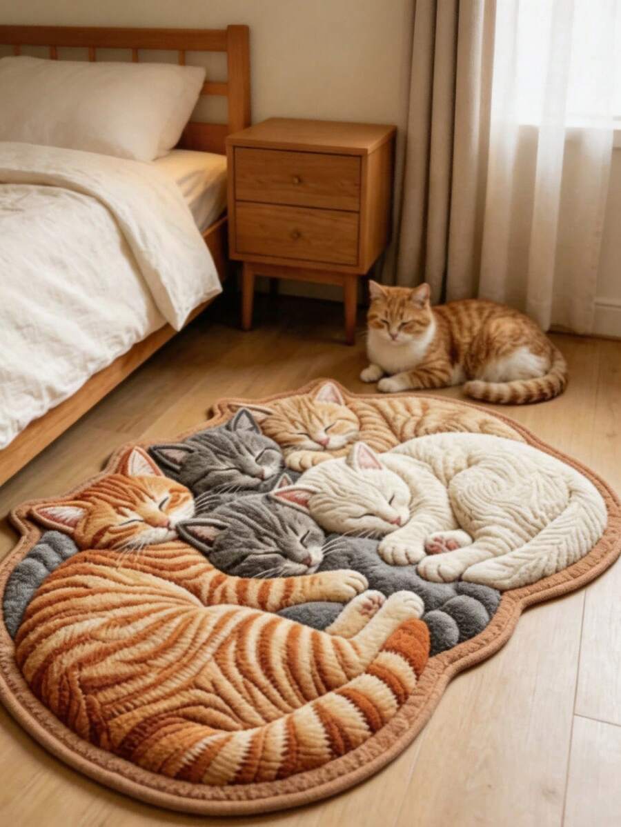 1pc Cute Sleeping Cat Ball Door Mat, Small Rug, Carpet, Runner Rug, Floor Mat, Home Decor, Area Rug, Outdoor Mat, Home Decor, Area Carpet, Bedroom Carpet, Washable Carpet - Multicolor - View 1